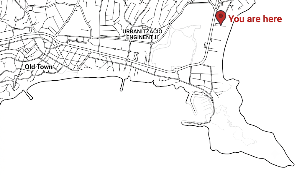 Hand-drawn map of Calpe showing Old Town and the apartment location on Playa de la Fossa